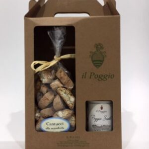 Cantucci alla mandorla + Poggio Santo
Confezione da 500 gr + 375 ml